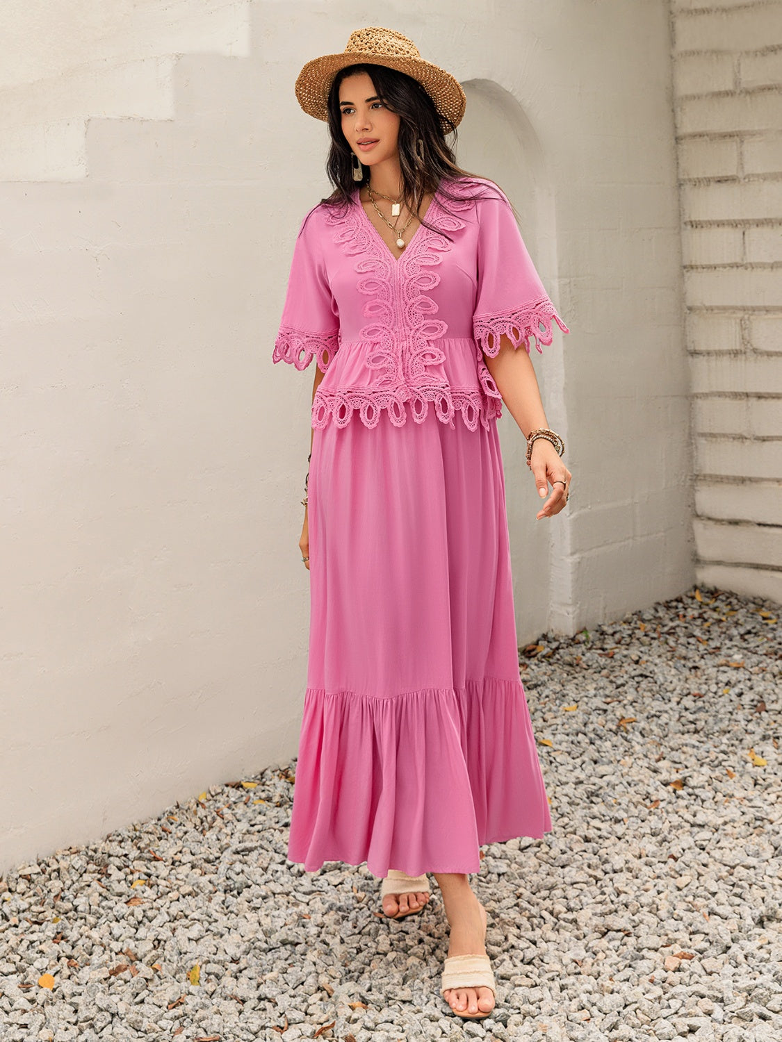 Lace Detail V-Neck Half Sleeve Midi Dress