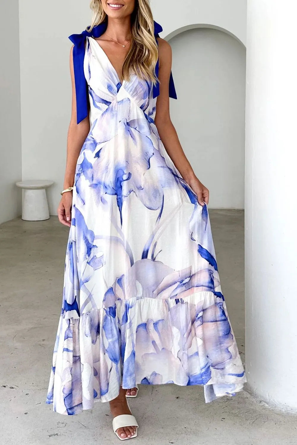 Printed V-Neck Tie Shoulder Midi Cami Dress