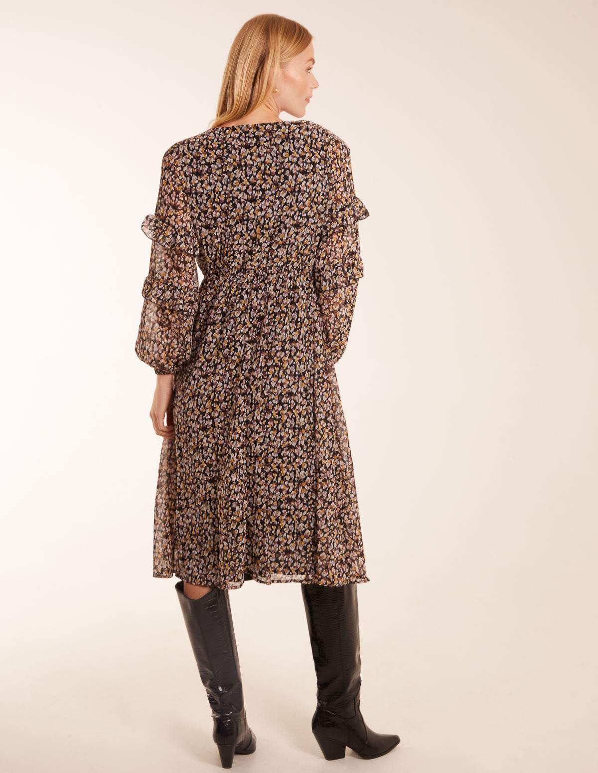V Neck Frill Sleeve Wrap Midi Dress