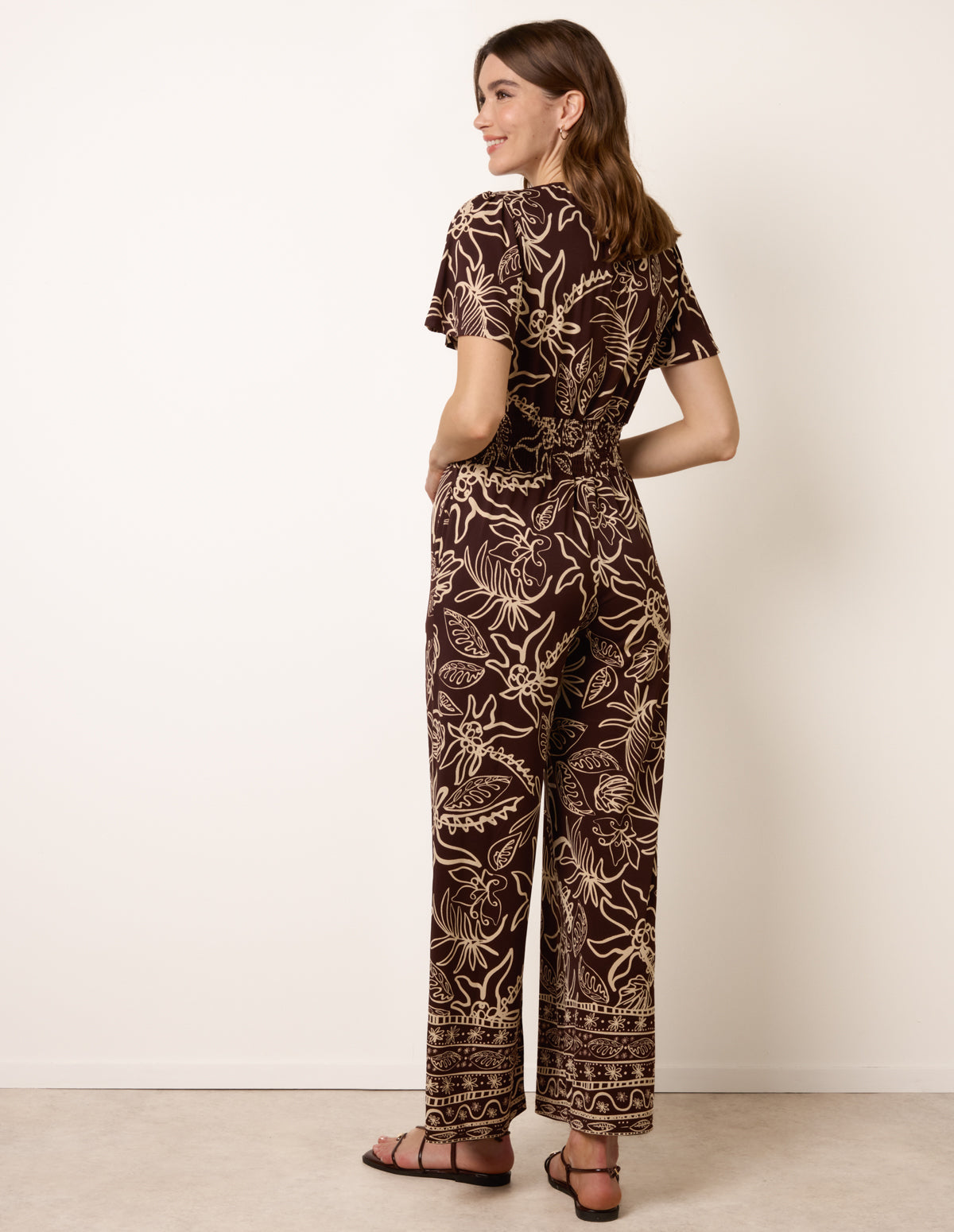 Tropical Print Shirred Waist Elasticated Round Neck Jumpsuit