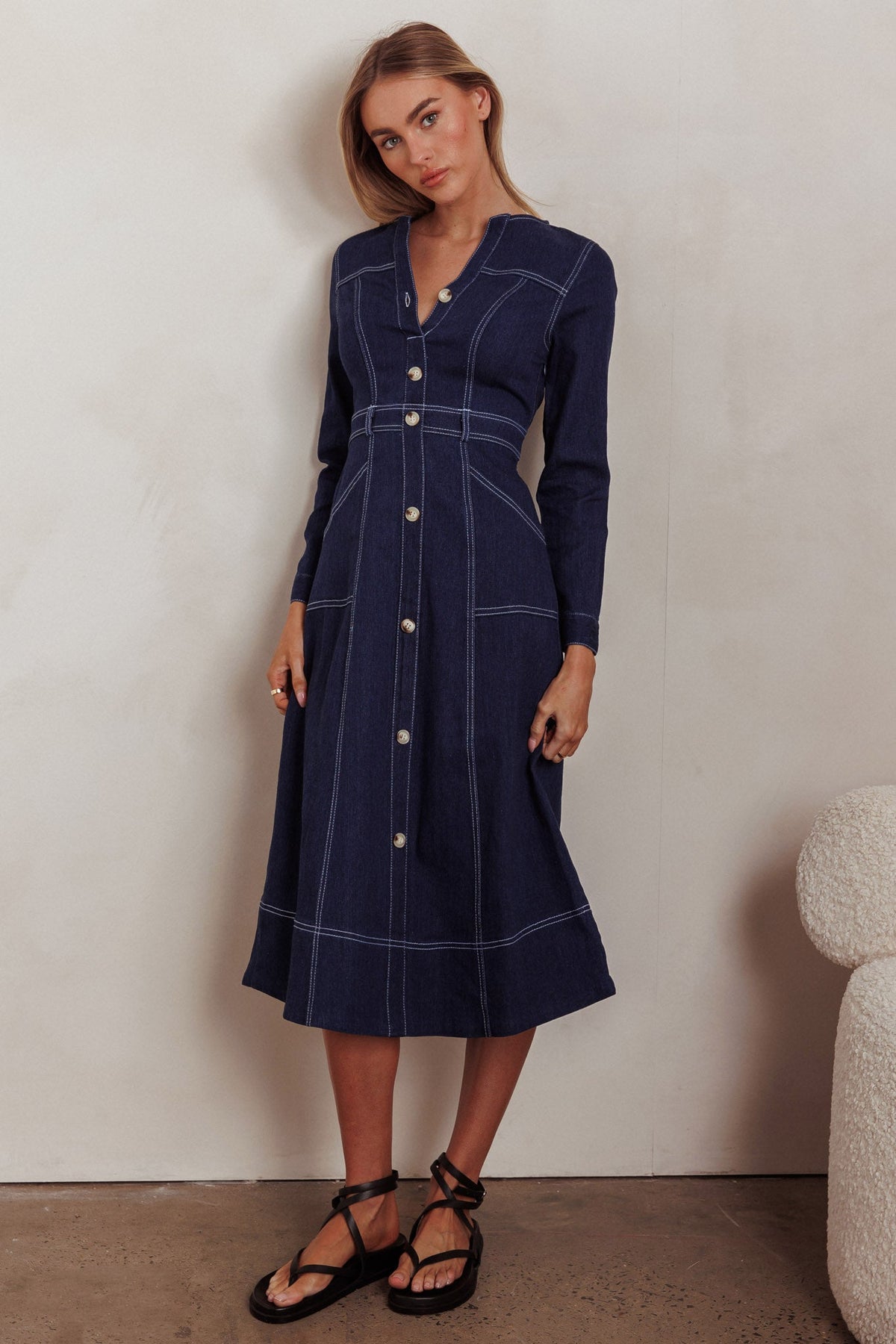 Aspen Love Front Pocket Long Sleeve Midi Dress Indigo