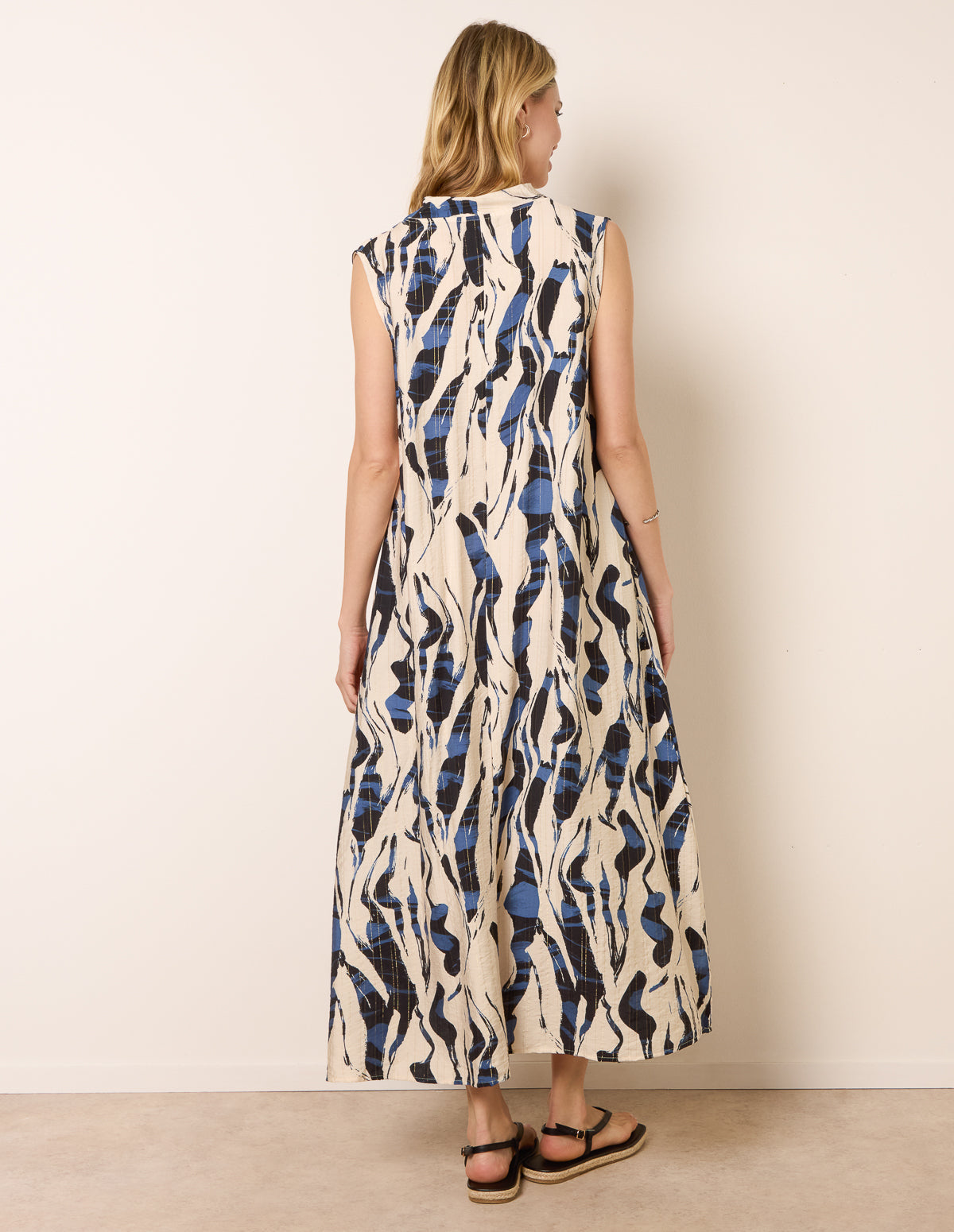 Metallic Abstract Printed Collarless V Neck Dress