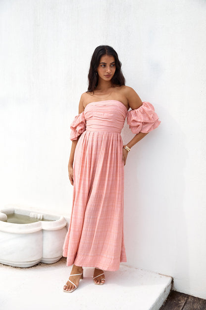 High Tea Off Shoulder Maxi Dress Pink