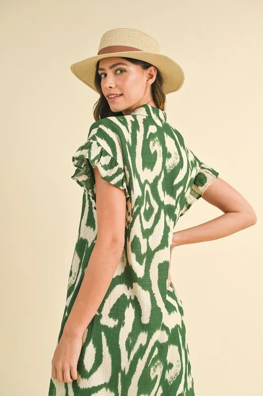 Annie Wear Abstract Printed Frill Sleeve Shirt Mini Dress