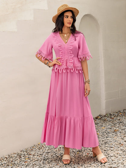 Lace Detail V-Neck Half Sleeve Midi Dress
