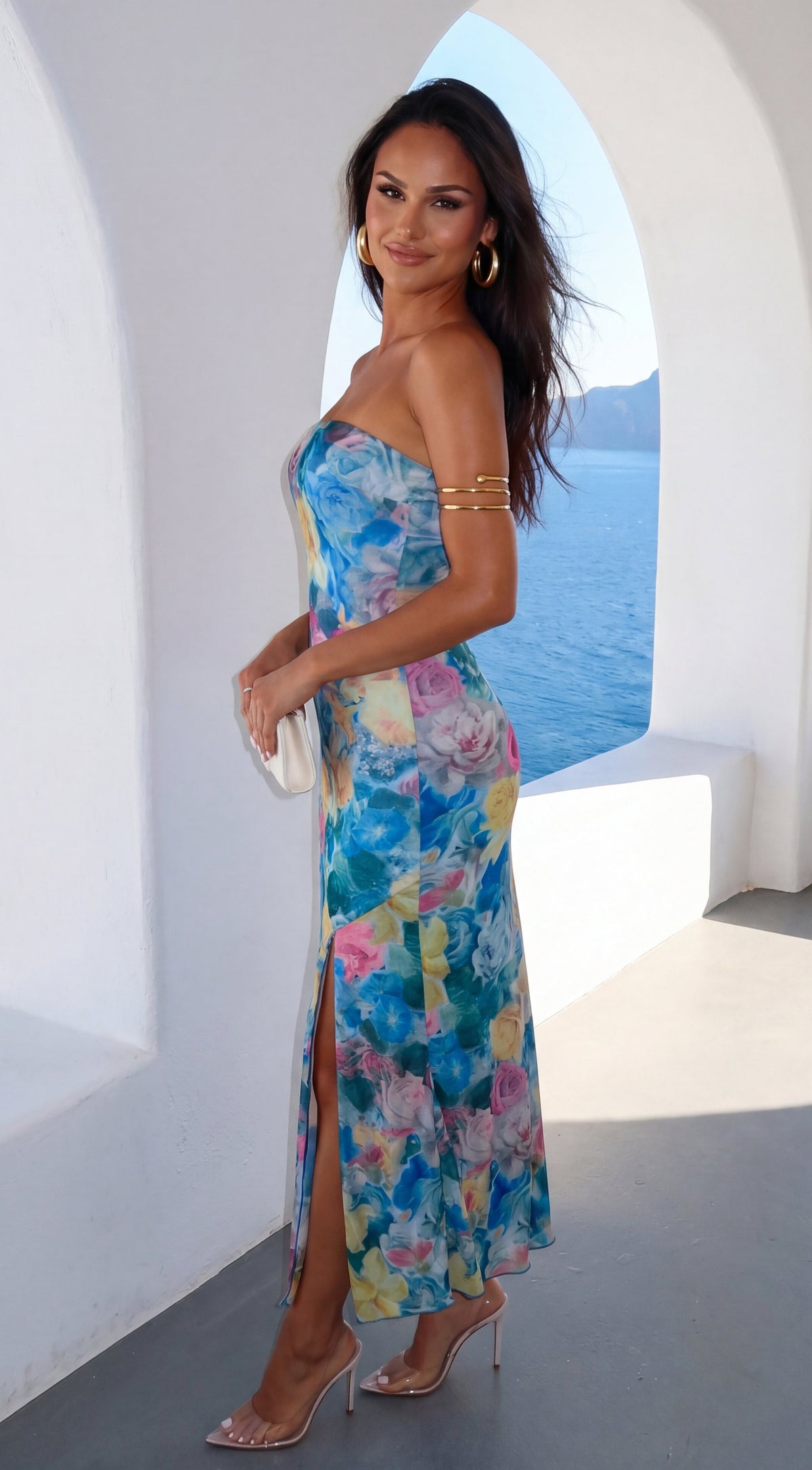 Aquarella Floral Strapless Tube Midi Dress - Blue Multi