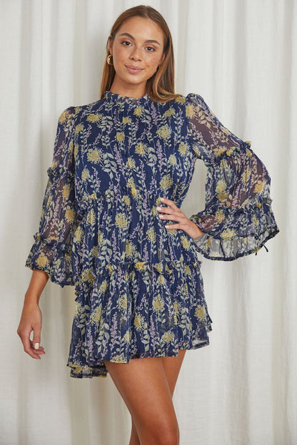 Beatrix High Neck Balloon Sleeve Dress Floral Midnight Blue