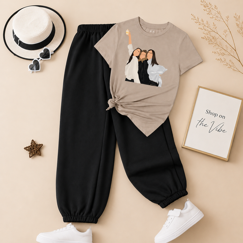 3 GIRLS CREAM TEE WITH BLACK TROUSER