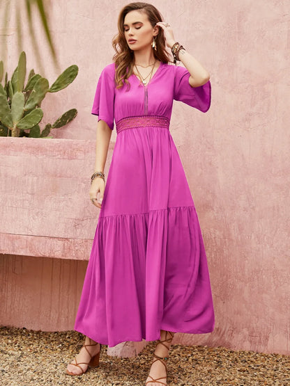 Lace Detail V-Neck Short Sleeve Midi Dress