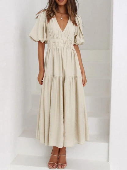 V-Neck Puff Sleeve Midi Dress