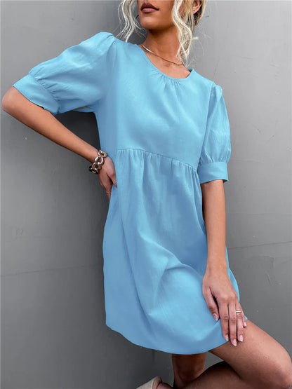 Round Neck Puff Sleeve Mini Dress