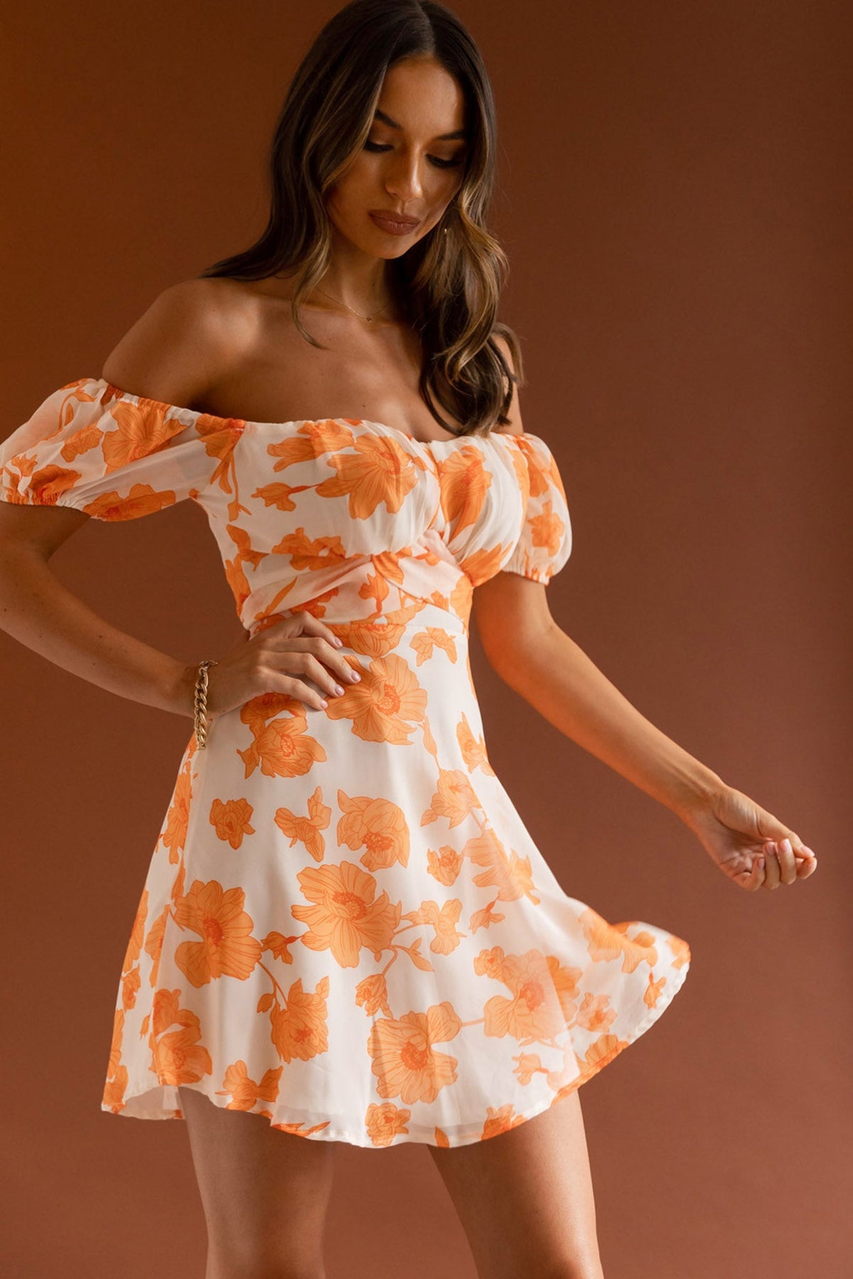 Linka Puff Sleeve Waist Tie Dress Floral Orange