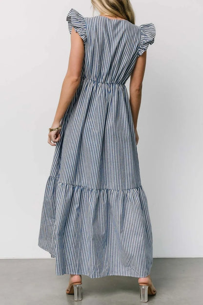 Slit Striped V-Neck Ruffled Cap Sleeve Dress