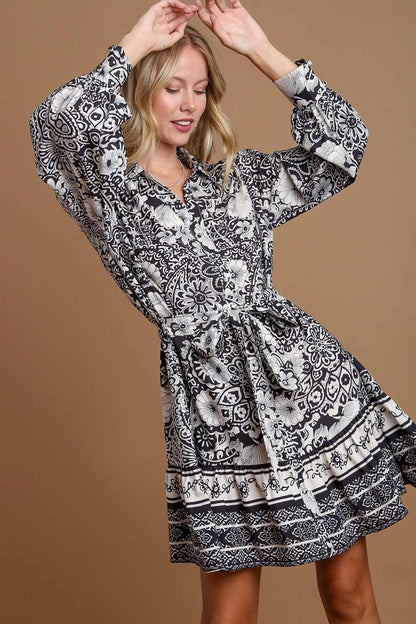 Umgee Full Size Two Tone Floral Border Print Tie Waist Mini Dress Plus Size