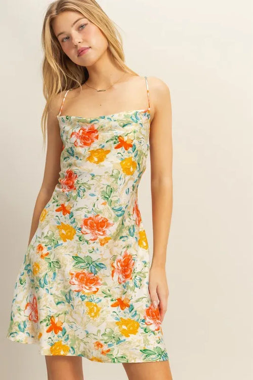 HYFVE Floral Cowl Neck Flirty Satin Mini Dress
