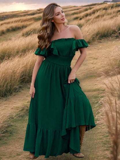 Ruffled Smocked Square Neck Maxi Dress