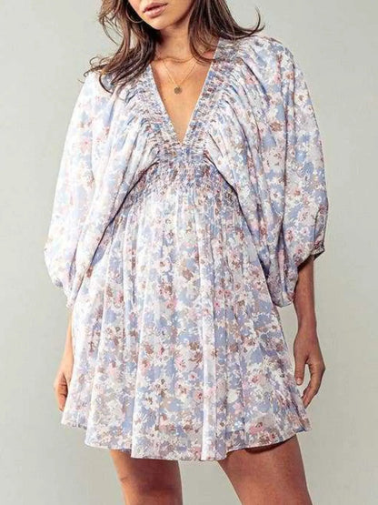 Floral V-Neck Balloon Sleeve Dress