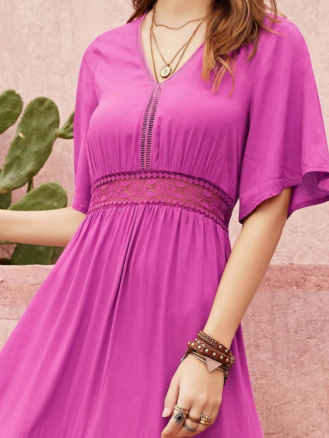Lace Detail V-Neck Short Sleeve Midi Dress
