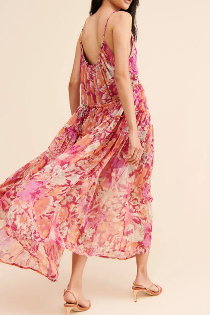 Frill Printed V-Neck Midi Dress