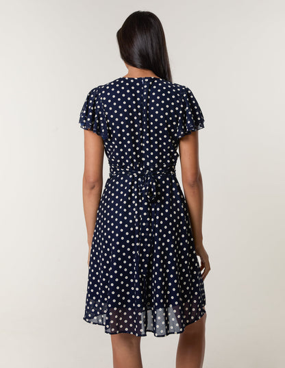 Polka Dot Mesh Frill Sleeve Wrap Dress With Tie Waist
