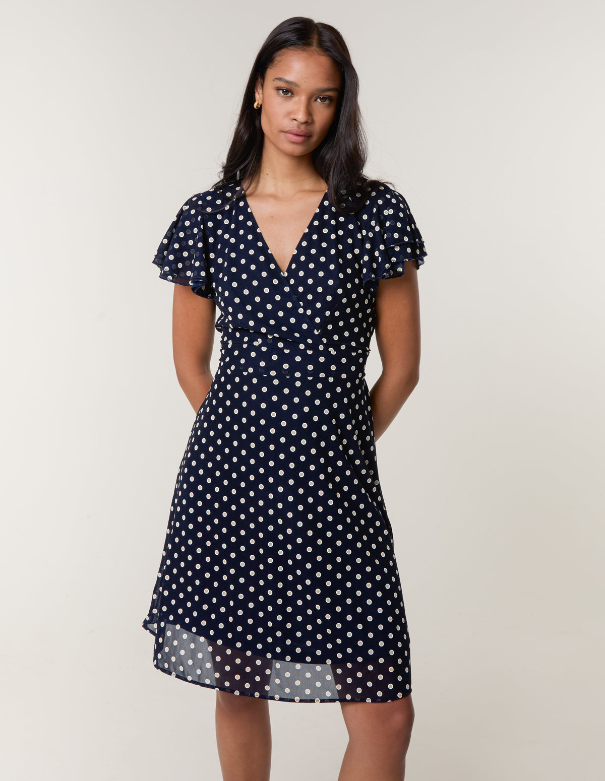 Polka Dot Mesh Frill Sleeve Wrap Dress With Tie Waist