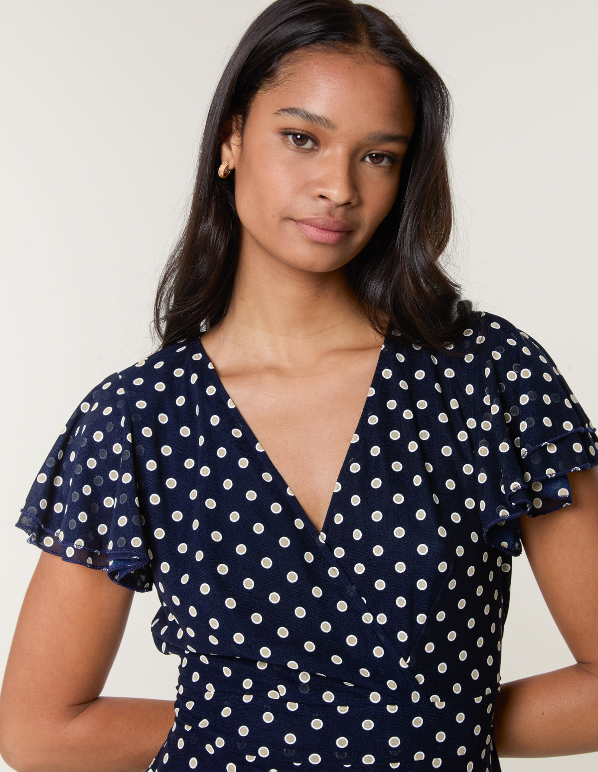 Polka Dot Mesh Frill Sleeve Wrap Dress With Tie Waist