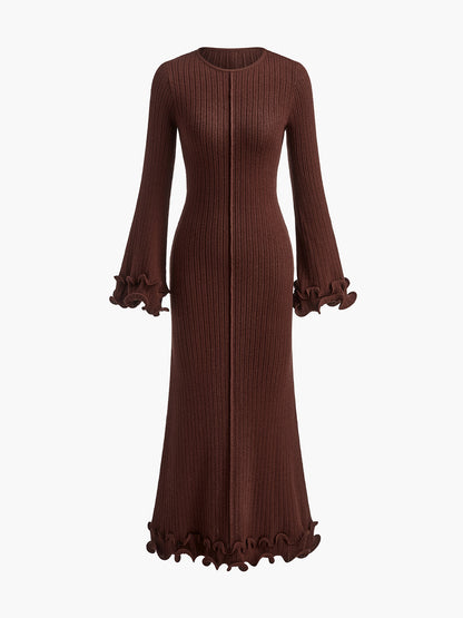 Semi-Sheer Piping Ruffle Drawstring Knit Dress