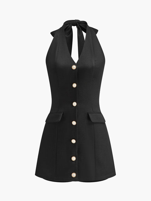 Button Front Halter Jumpsuit