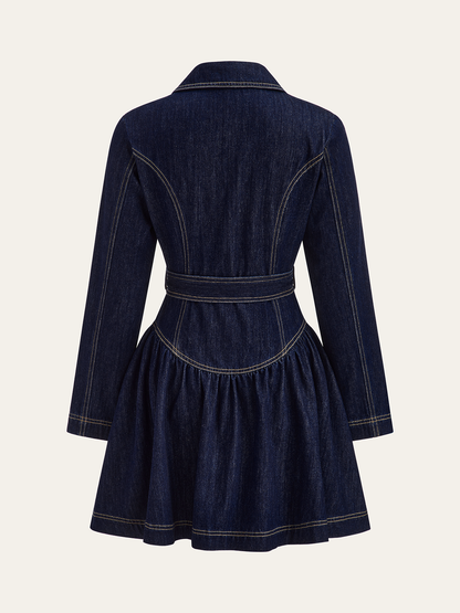 Metal Button Belted Denim Flare Mini Dress