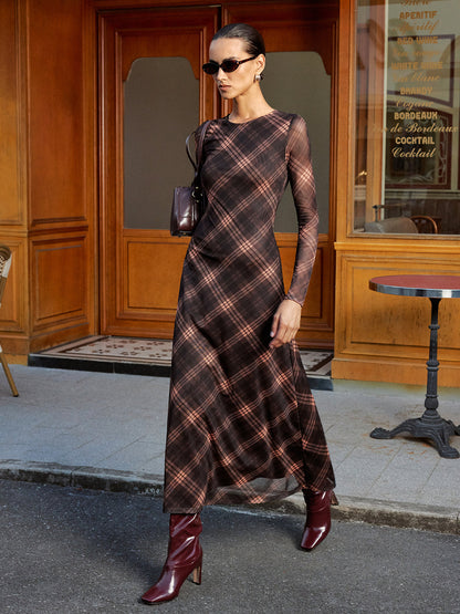 Plaid Mesh Long Sleeve Maxi Dress