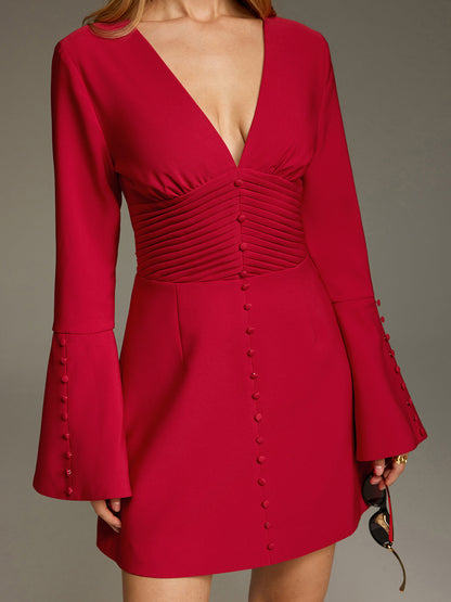 Deep V Ruched Bell-Sleeve Mini Dress