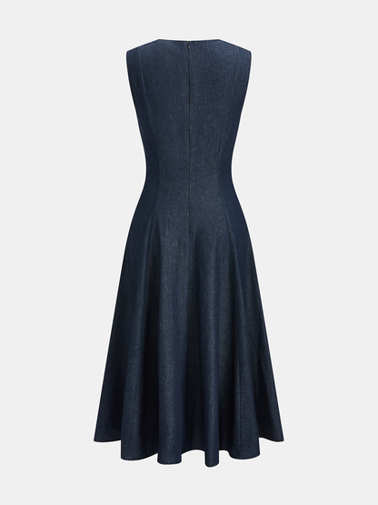 Sleeveless Flared Denim Midi Dress