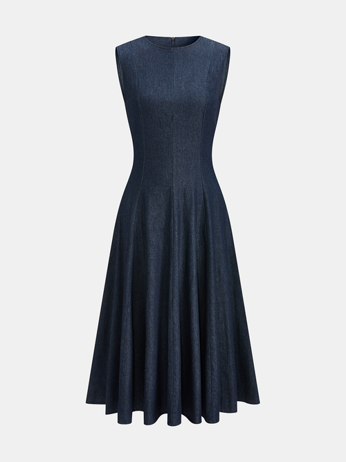 Sleeveless Flared Denim Midi Dress