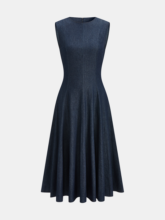 Sleeveless Flared Denim Midi Dress