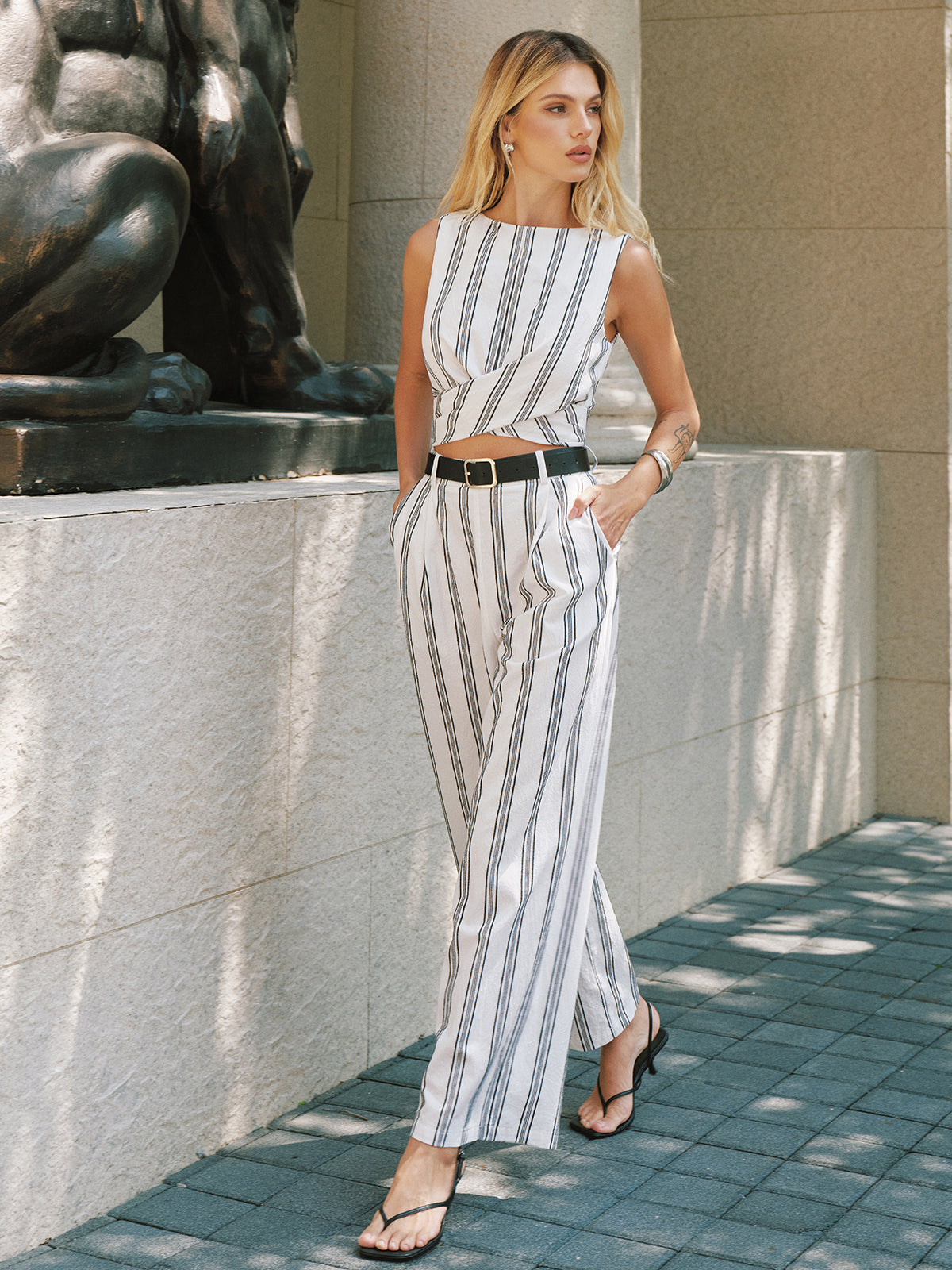 Cotton Linen Striped Cutout Belted Jumpsuit