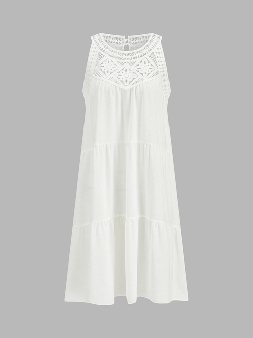 Crochet Lace Yoke Tiered Sleeveless Dress