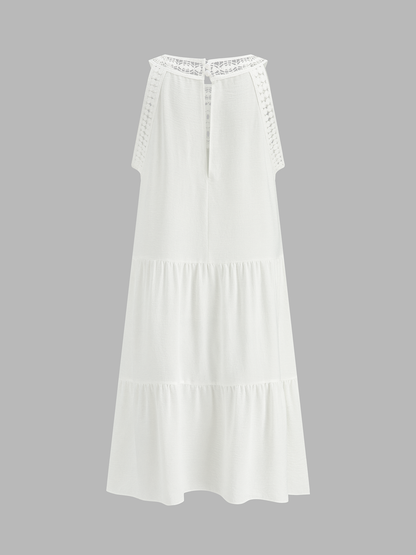 Crochet Lace Yoke Tiered Sleeveless Dress