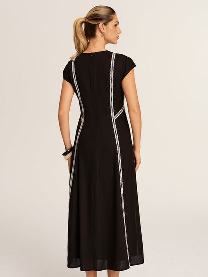 Lace Inset V-Neck Cotton Linen Midi Dress