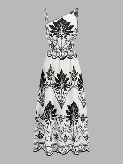 Leaf Print Cutout Asymmetrical Cami Maxi Dress