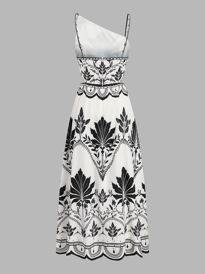 Leaf Print Cutout Asymmetrical Cami Maxi Dress