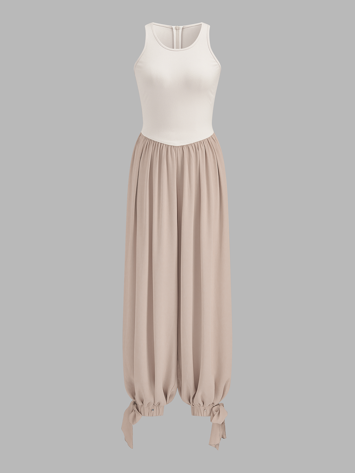Two-Tone Sleeveless Tie Cuff Balloon Jumpsuit