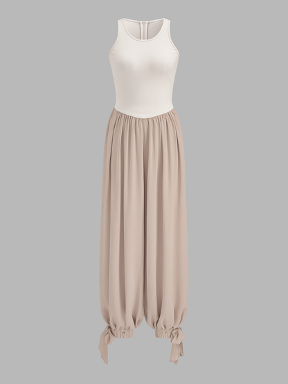 Two-Tone Sleeveless Tie Cuff Balloon Jumpsuit