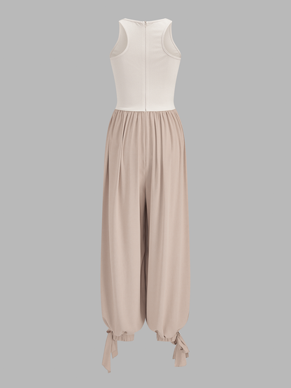 Two-Tone Sleeveless Tie Cuff Balloon Jumpsuit