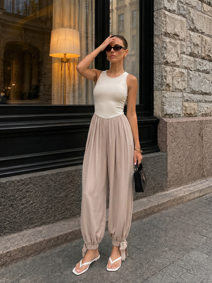 Two-Tone Sleeveless Tie Cuff Balloon Jumpsuit