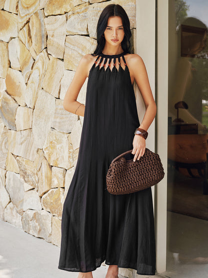 Bead Cutout Neck Crinkle Maxi Dress