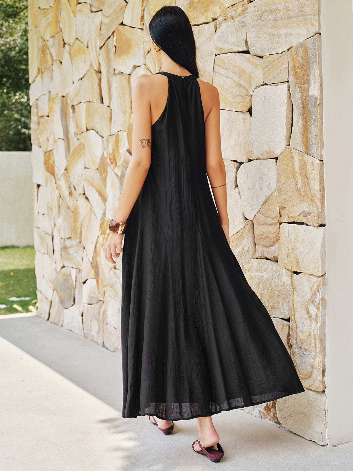 Bead Cutout Neck Crinkle Maxi Dress