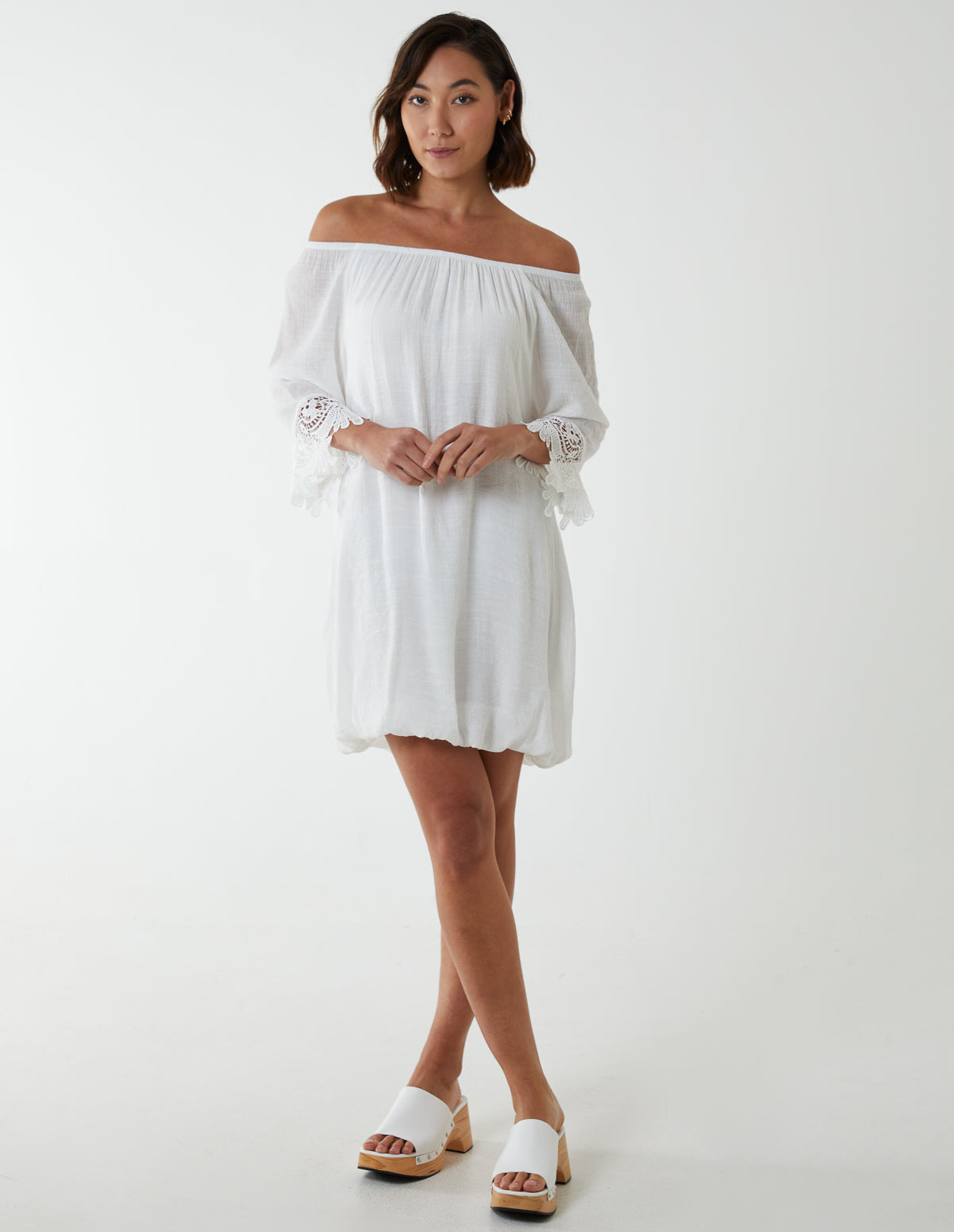 Bardot Tunic Dress With Crochet Lace Sleeves