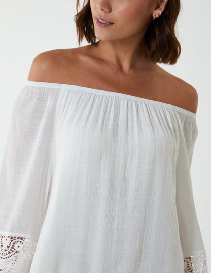Bardot Tunic Dress With Crochet Lace Sleeves