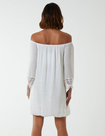 Bardot Tunic Dress With Crochet Lace Sleeves