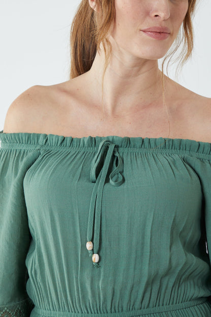 Off Shoulder Elasticated Lace Insert Midi Dress